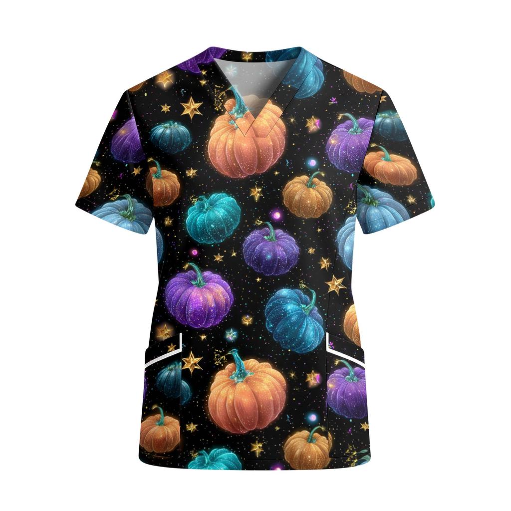 Women V Neck Short Sleeve Work Top with Pockets Halloween Print Floral Pattern Spider Web Design Casual Medical Scrub Shirt