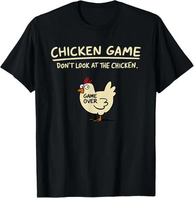 Men Loose T Shirts Chicken Game Text Cartoon Chicken Print Black Casual Graphic Tees Soft Comfort Trendy Fashion Humor Tops
