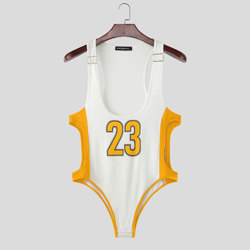 INCERUN Men Deep U Sleeveless Letter Print Fitted Playsuit Bodysuits Jumpsuits Underwear
