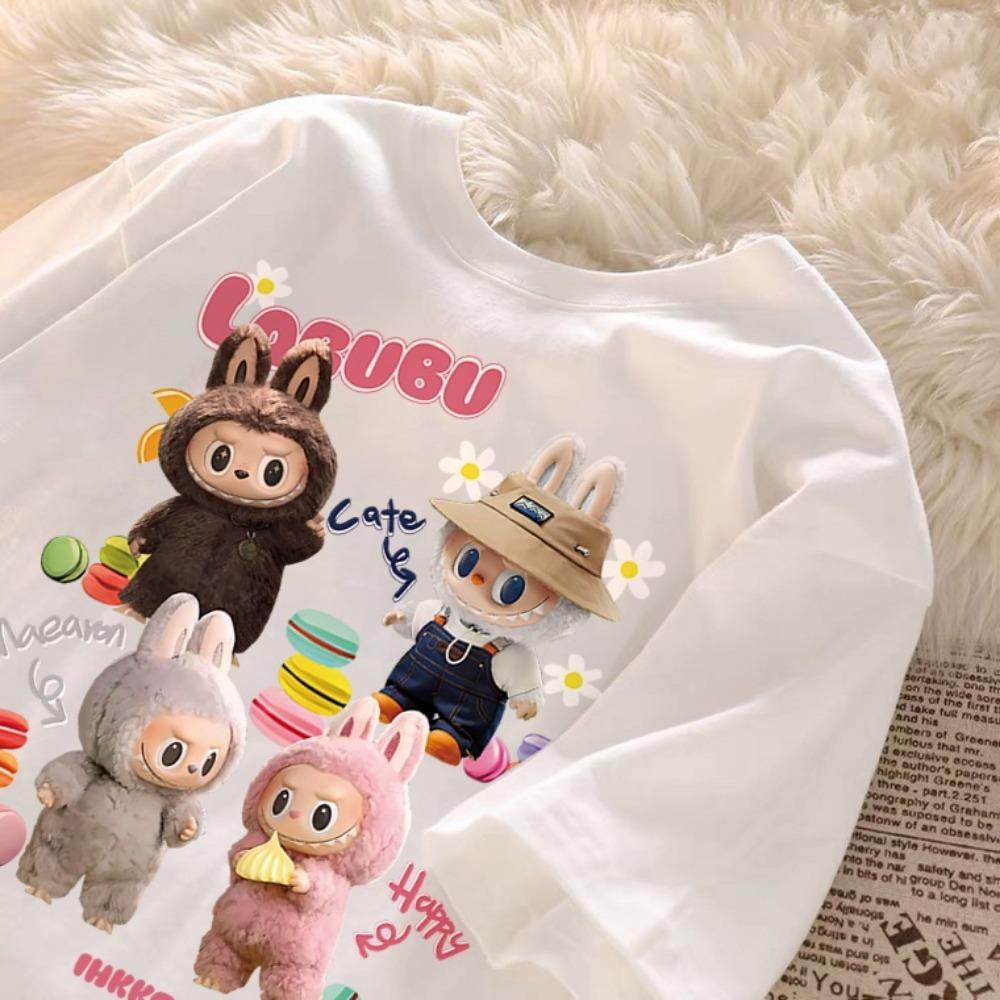 Children's LABUBU Printed T-shirt Korean Style Fashionable and Popular Girl Round Neck Short Sleeved Casual and Comfortable Top