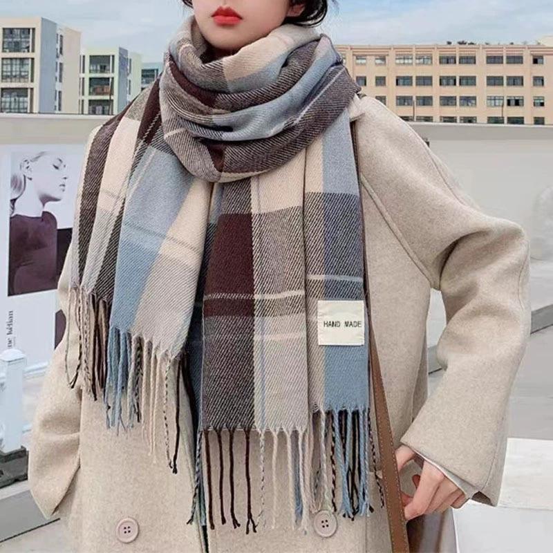 New mohair plaid scarf, versatile in autumn and winter, Korean atmosphere imitation cashmere small version student warm scarf