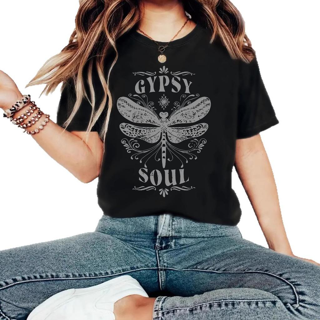 Women's New Cute Printed Short Sleeve Dragonfly Printed Round Neck Loose Short Sleeve