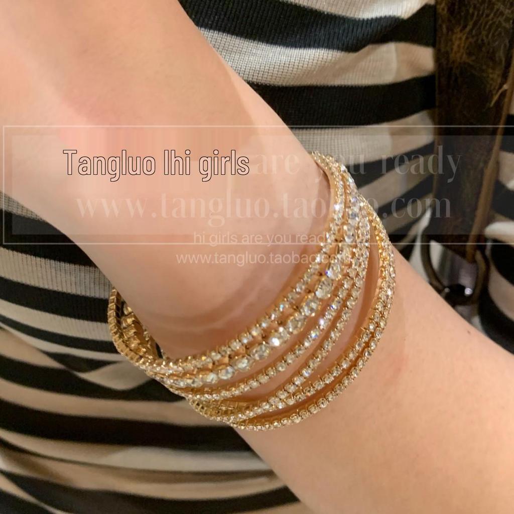 European & American Geometric Multi-Layer Open Bangle: Vintage Exaggerated Diamond-Inlaid Bracelet Light Luxury for Women