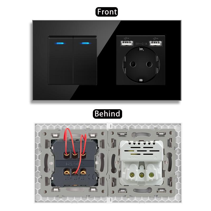 European Style Type 157 16A USB Wall Socket with LED Light, Glass Finish.
