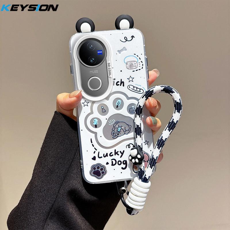 KEYSION Cute Ear Cartoon Case for VIVO V50 5G with Lanyard Soft Silicone+PC Shockproof Phone Back Cover for VIVO V50