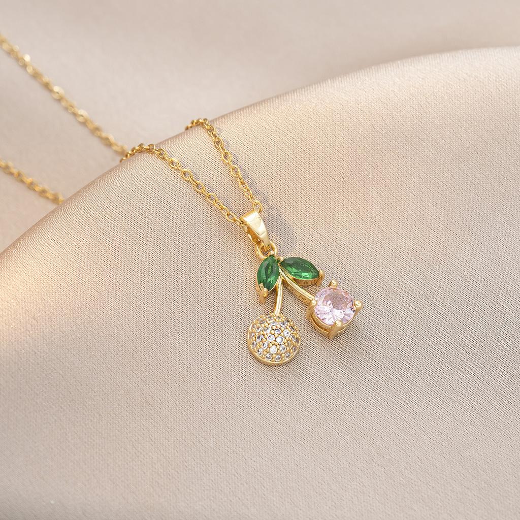 Cherry Pendant Necklace for Women Fashion Stainless Steel Chain Zirconia Necklaces Wedding Party Jewelry Accessories