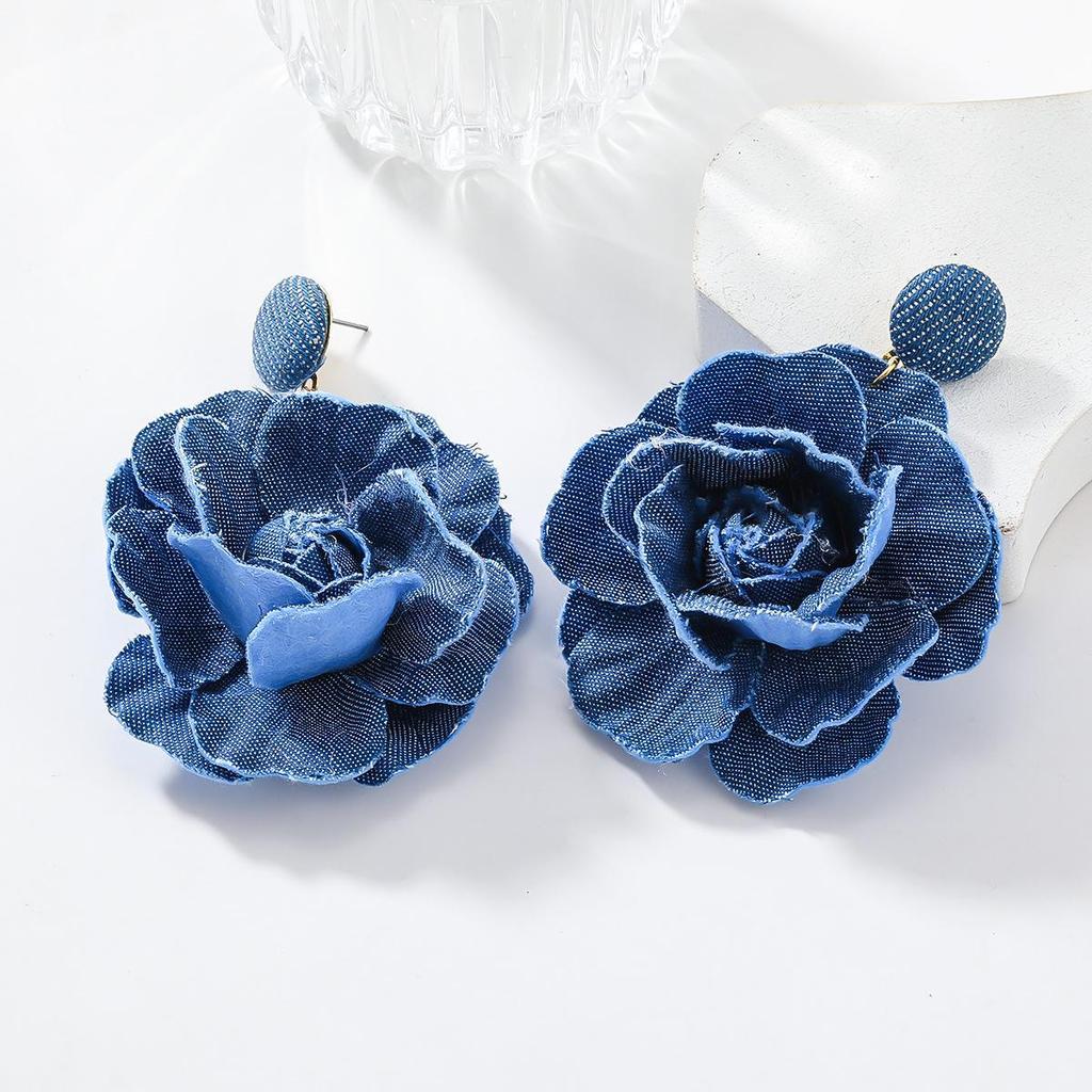 Autumn & Winter Floral Earrings: Blue Rose, Trendy Exaggerated Design for Women