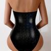 European & American Style Women's Black Snakeskin Deep V-Neck One-Piece Lace-Up Backless Swimsuit