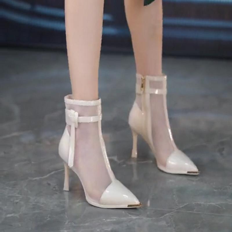 Pointed Net Boots Women's New Spring and Summer 2025 Belt Buckle Breathable Mesh Short Boots Temperament Fine Heel Non-slip High Heels