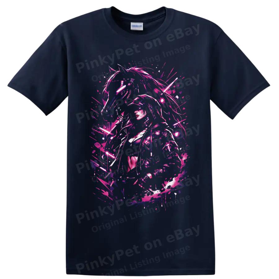 Cyberpunk Anime Warrior Female T Shirt Neon Pink Blue Glitch Art Graphic Tee