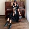 Plus Size Women's Summer Black Doll Collar Dress - French Academy Style with Lace-up Waist