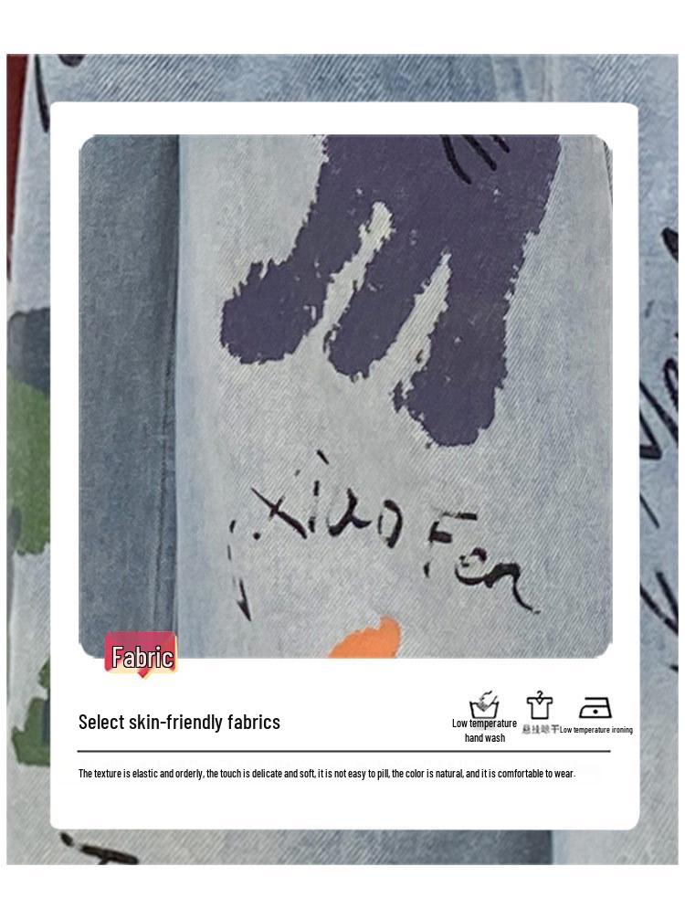 Girls' Graffiti Wide-Leg Jeans - Spring/Autumn Casual Fashion Pants