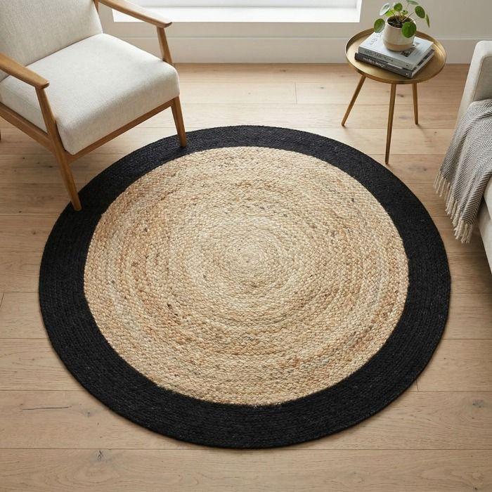 Round Jute and Cotton Rug Black Stripe Diam.120