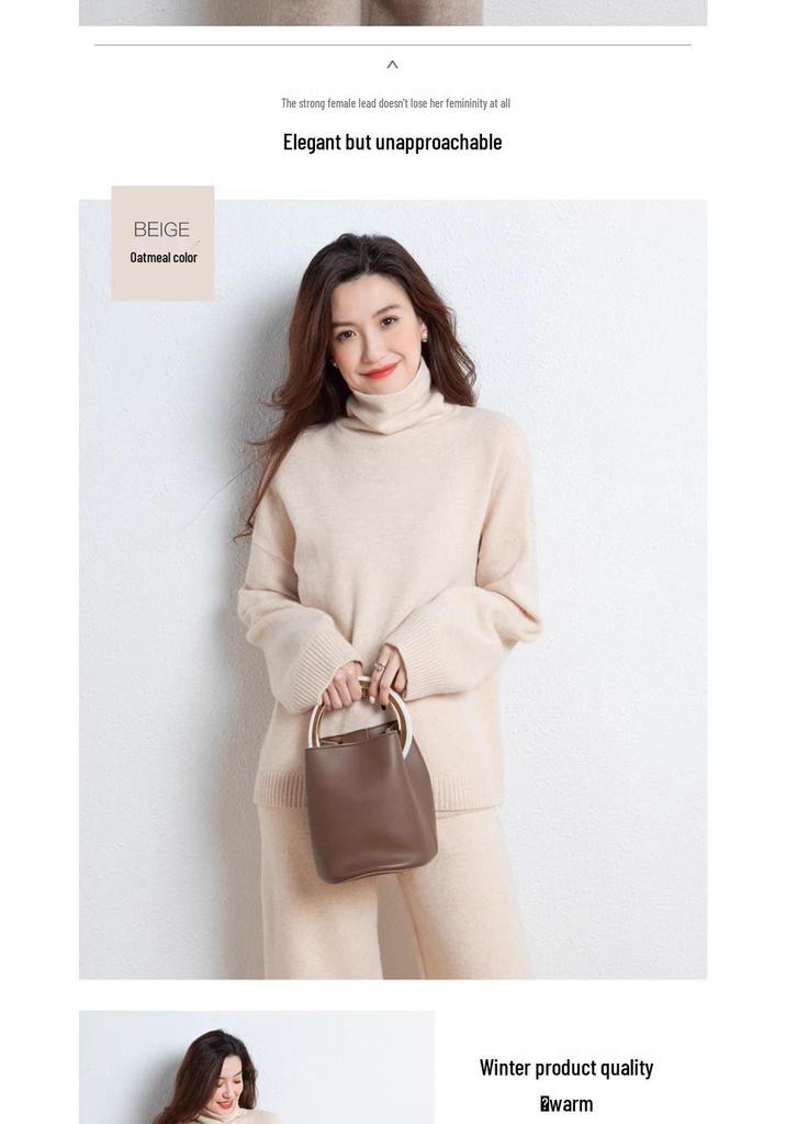 Women's 100% Pure Wool Two-Piece Set: High Neck Sweater & Wide-Leg Knit Pants for Autumn