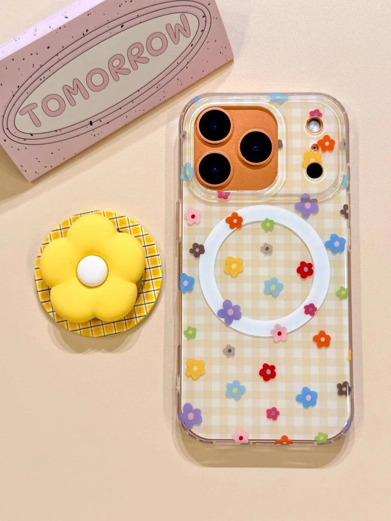 3D Cute Flower Grid Magnetic Grip Tok Phone Case for iPhone 17 16 15 14 13 Pro Max Wireless Charge For Magsafe Holder Cover