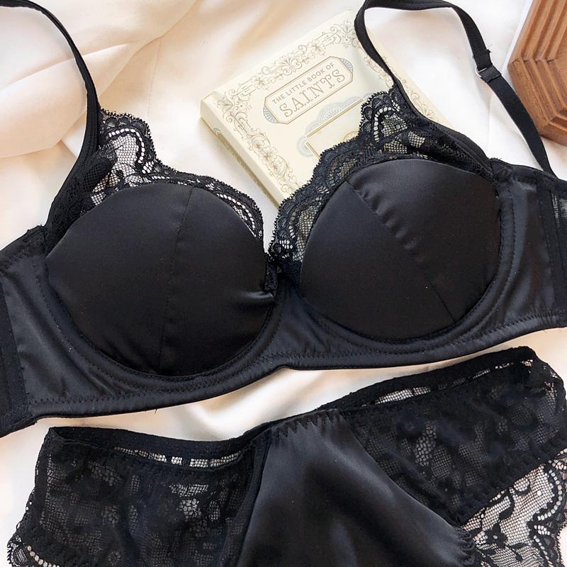 High Quality Satin Women Lingerie Set French Sexy Lace Push Up Bra Summer Thin Cup Comfort Intimates Underwear Bra Briefs Set