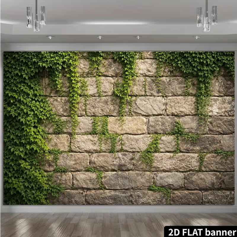 2D Stone Wall Green Ivy Vines Photography Backdrop Vintage Brick Leaf Background Banner
