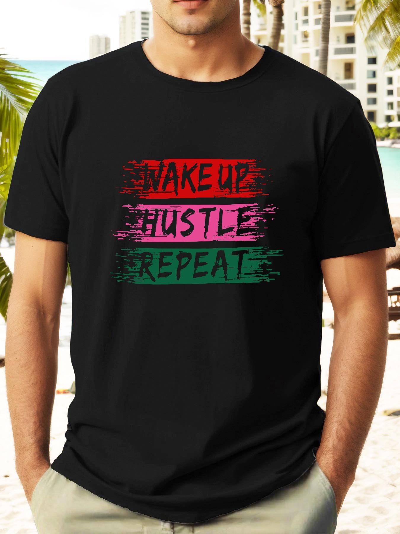 WAKE UP HUSTLE REPEAT  Motivational Color Block Short Sleeve T-shirt - Summer Casual Round Neck Tee with Red & Green Accents XXL