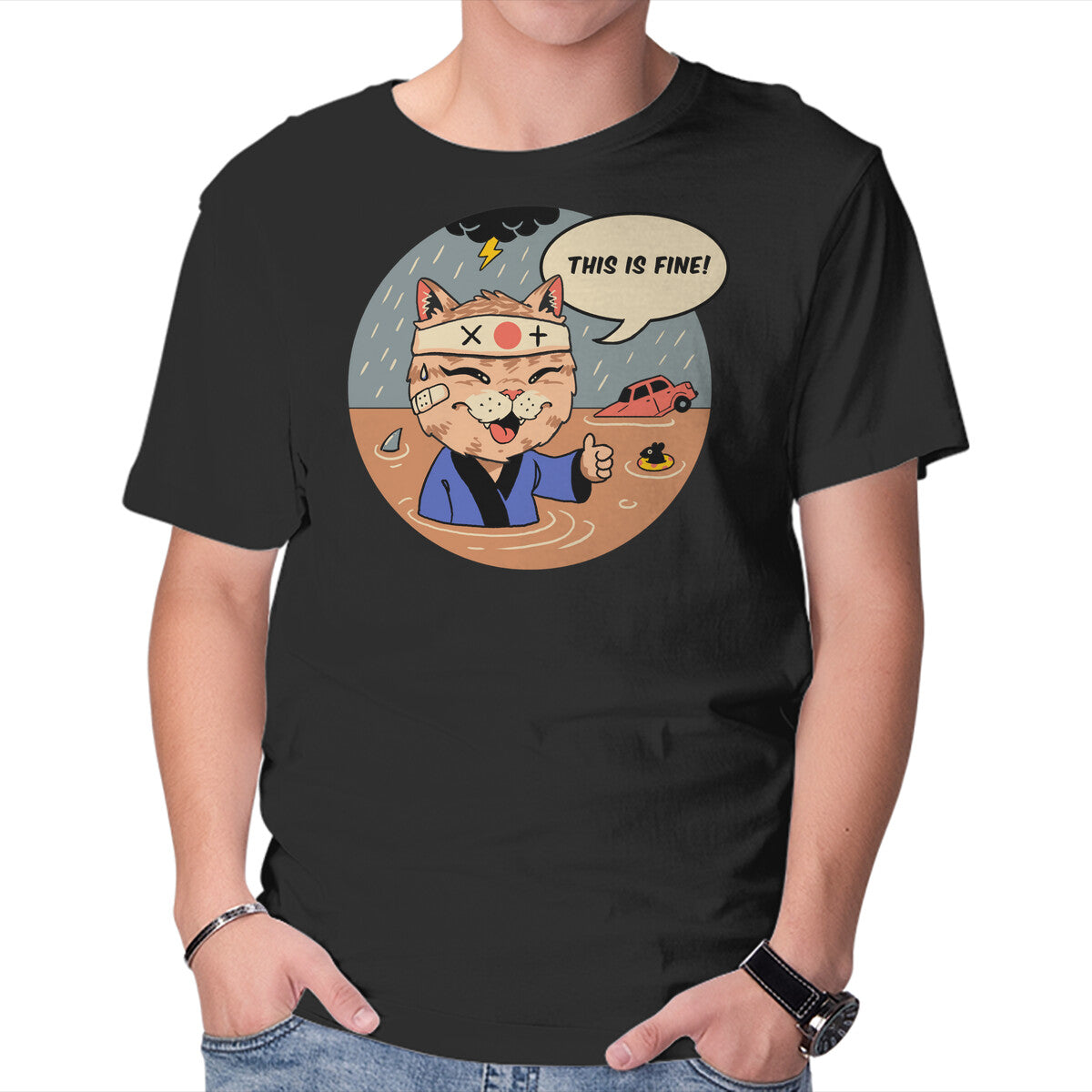 Unisex Crew Neck T-Shirt This Is Fine Meowster Graphic Short Sleeve Casual Tee S