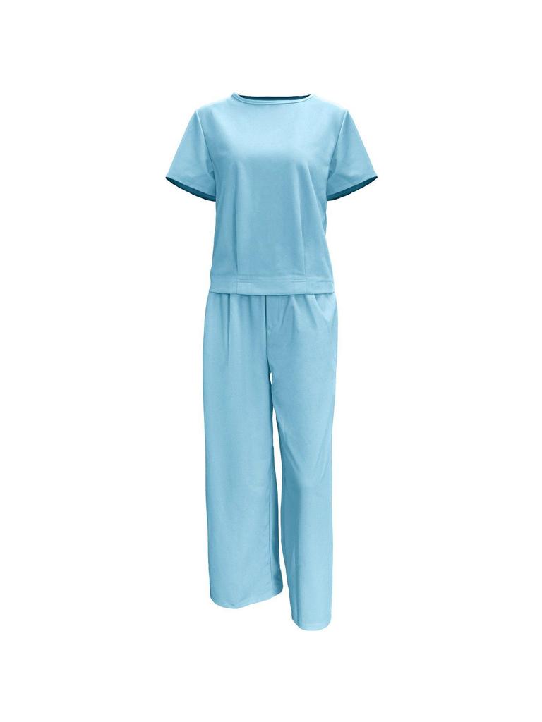 European Summer Pink Linen Women's Two-Piece Set: Short Sleeve Top & Wide-Leg Pants