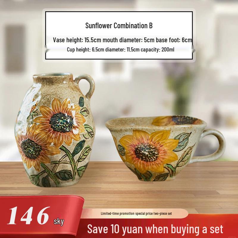Valley Ceramic Vase: Japanese Retro Hand-Painted Single-Eared Sunflower Pot for Living Room Flower Arrangements