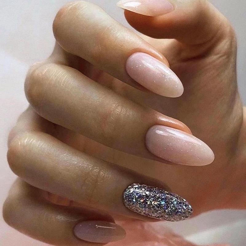 24Pcs Simple Glitter Almond False Nails With Glue Ballerina French Detachable Press On Manicure Tips