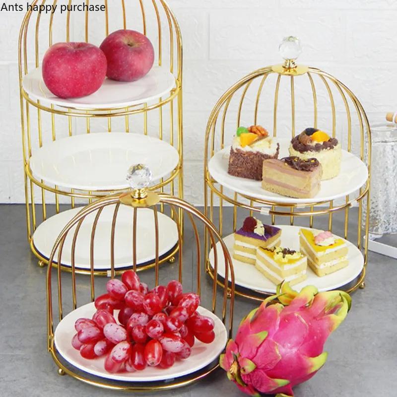 Birdcage Double Layer Cake Stand Wrought Iron Display Stand Ceramics Three-tier Fruit Tray Afternoon Tea Dessert Decorative Rack