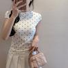 Black polka dot design front shoulder short-sleeved T-shirt women's spring and summer thin round neck slim-fitting and thin bottoming shirt