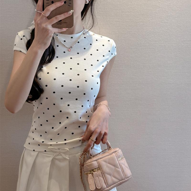 Black polka dot design front shoulder short-sleeved T-shirt women's spring and summer thin round neck slim-fitting and thin bottoming shirt