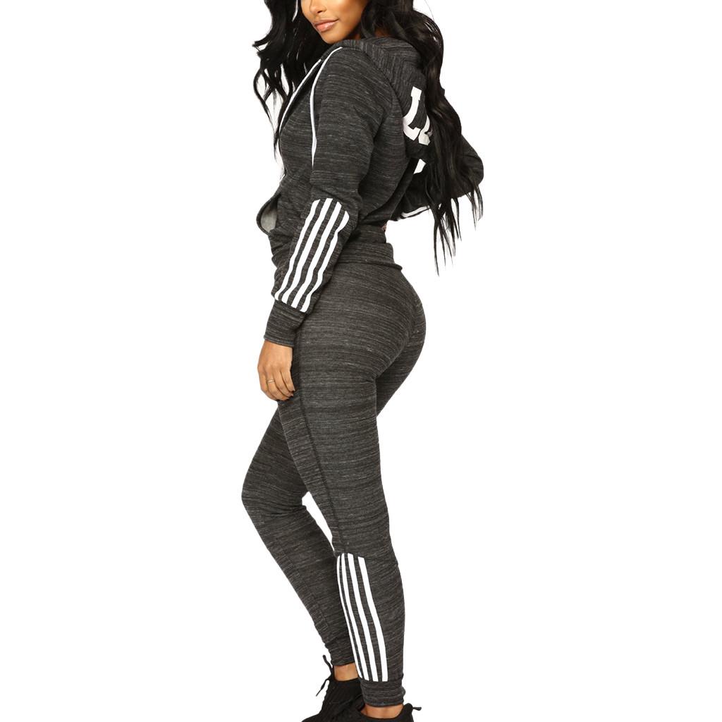 Fashion Women Casual Stripe Zipper Z długim rękawem Pullove Sportowe bluzki + długie spodnie