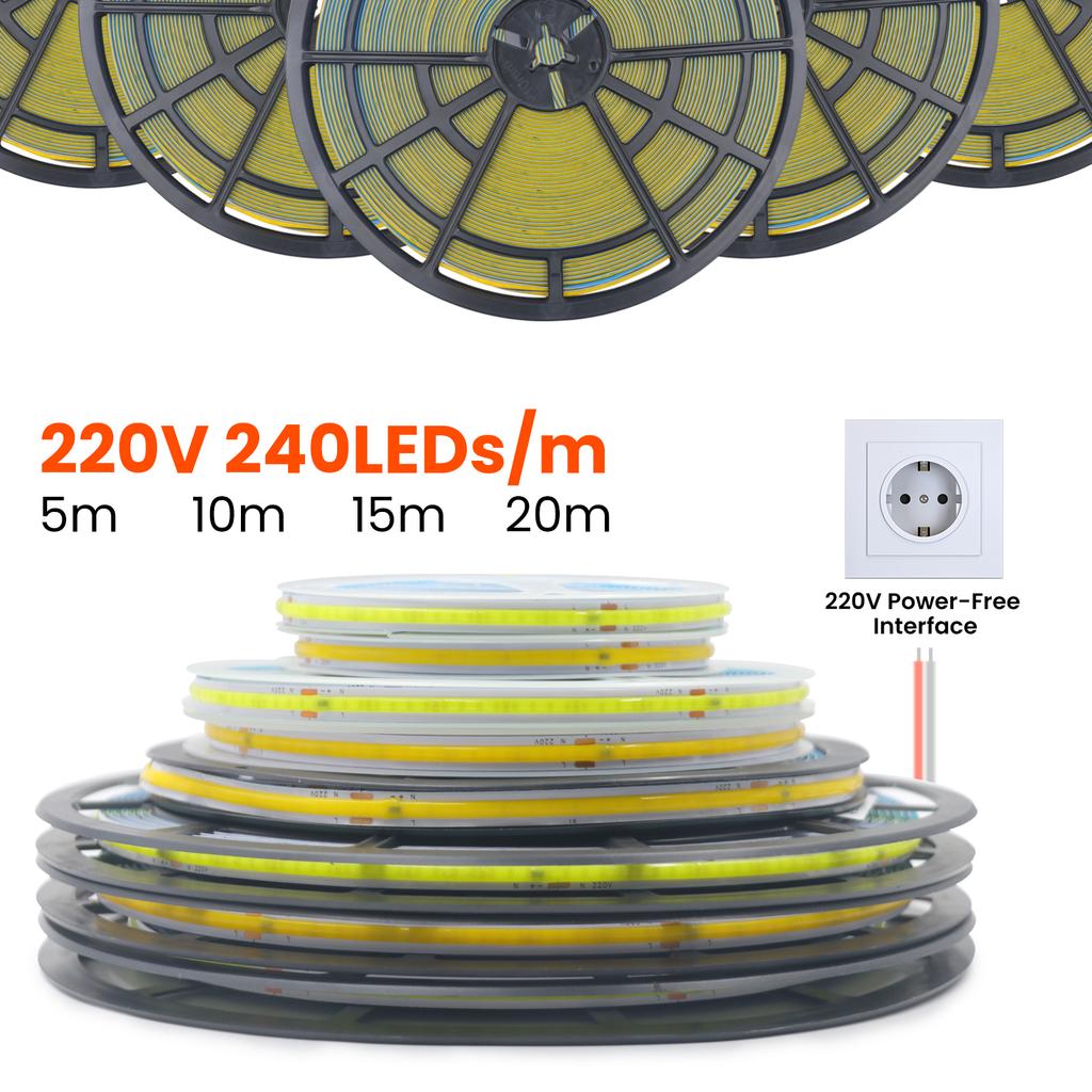 AC 220V COB Strip 240Leds/M 5M 10M 20M 50M/Roll Red/Green/I Blue/Pink/White/Purple Flexible Ribbon LED Light For Home Decor
