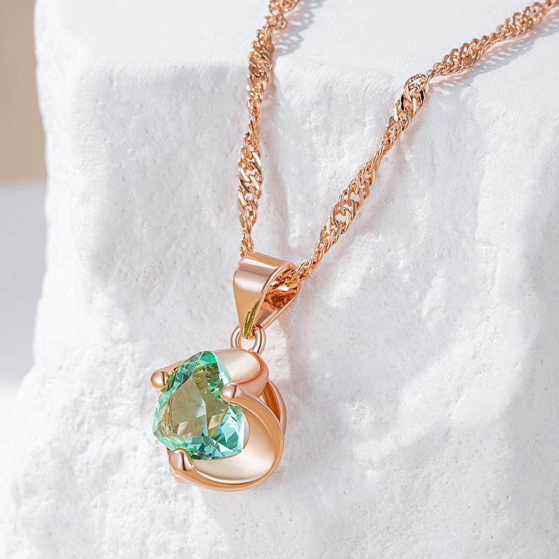 Simple Romantique Vert Zircon Naturel Pendentif Mariage Collier Luxe Couleur Or Rose Bijoux Fins Quotidiens Cadeau Femme