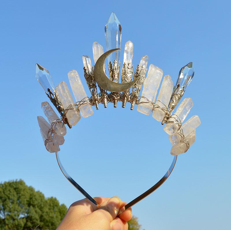 Handmade Natural White Crystal  Silver Moon Crown Headband