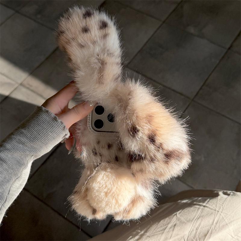 Leopard Print Plush Cat Ear Anti-Drop Phone Case for iPhone 14/13/12/11 PRO/MAX