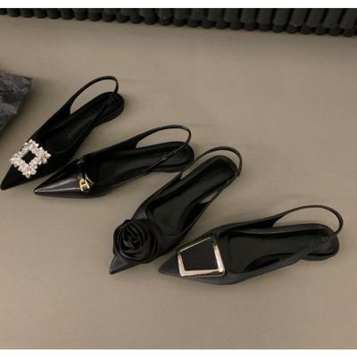 Black Women Leather Pu Casual Sandals Girl Fashion Rhinestone Slip On Flats Heels Ladies Pointed Toe Elegant Slingback Sandals