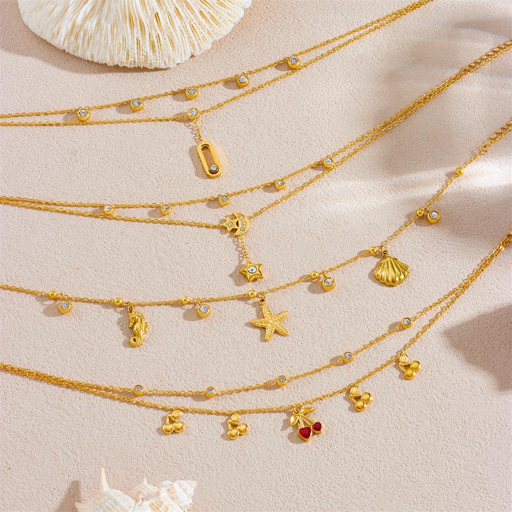 Layered Charm Anklet With Rhinestone Cherry Starfish Flower Moon And Star Pendants For Women