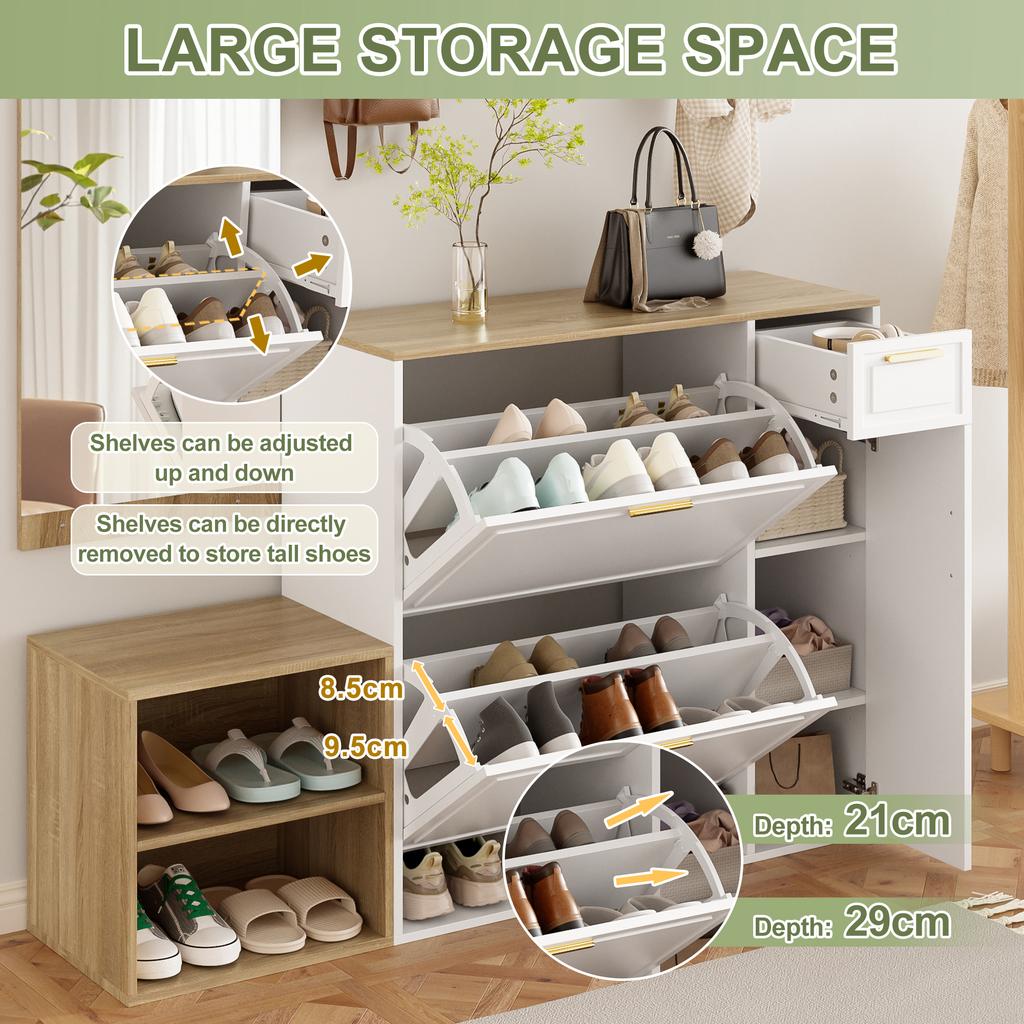 4-piece coat rack set – with shoe cabinet, bench, wall coat rack & mirror, complete hallway furniture set, dimensions: W139.5 x D35 x H166 cm