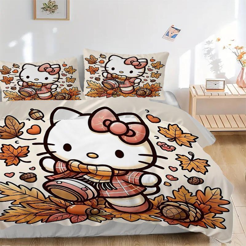 

3pcs Hello Kitty s Cozy Autumn Adventure Quilt Cover Set (1 Quilt Cover + 2 Pillowcases Without Pillow Core), High-Definition Printing for Home a 135x200cm