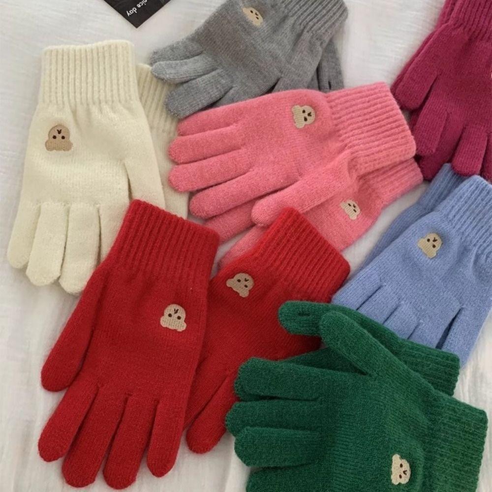 Solid Color Touch Screen Gloves Bear Cycling Gloves Cute Winter Knitted Gloves  Women