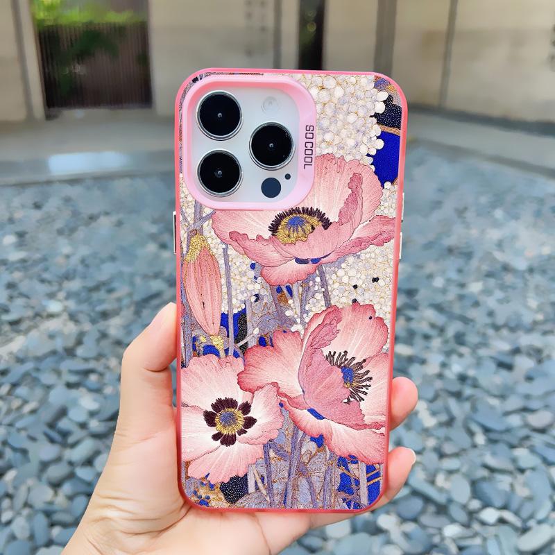 Flower Summer Pink Floral Phone Case For iPhone 14 15 16 Pro Max Plus 13 11 12 Mini Pro Max Shockproof Laser Back Cover Fundas