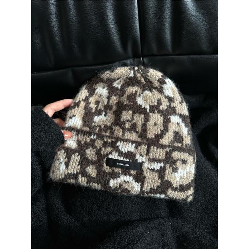 Korean Leopard Print Wool Knitted Toe Cap for Men and Women In Autumn and Winter Versatile Face-showing Small Warm Woolen Hat  Cold Hat