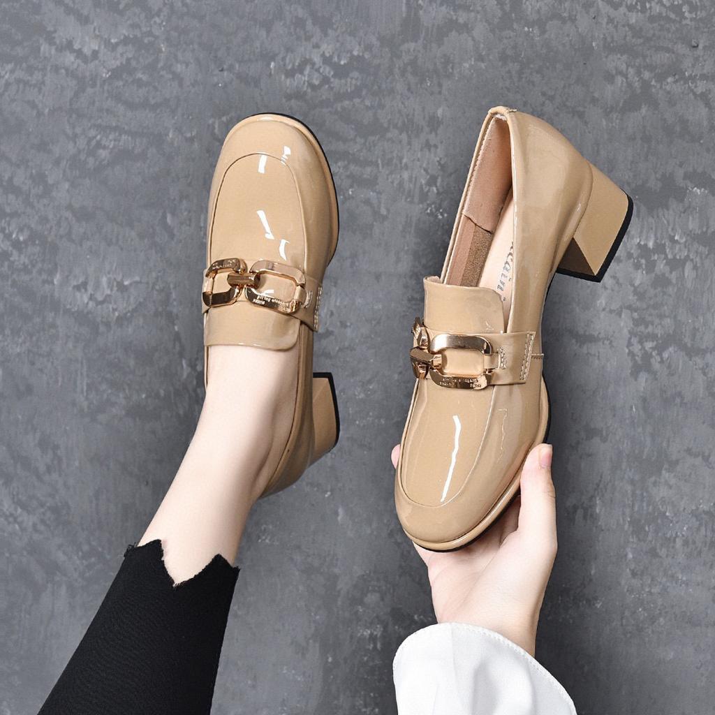 Autumn new one-pedal fashionable small single shoes round head thick heel cow patent leather square buckle women's shoes