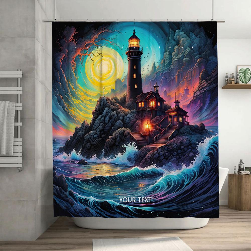 Fantasy Lighthouse Shower Curtain Artistic Ocean Waves Print Bathroom Decor Customizable Text Printing