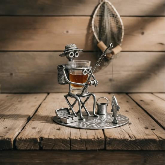 Suport pentru pahar de vin Pescar Sculptură Pescar din Metal Lucrat Manual cu Suport pentru Pahar Mic Încorporat Suport Amuzant pentru Băuturi pentru Decorul Biroului Tatălui