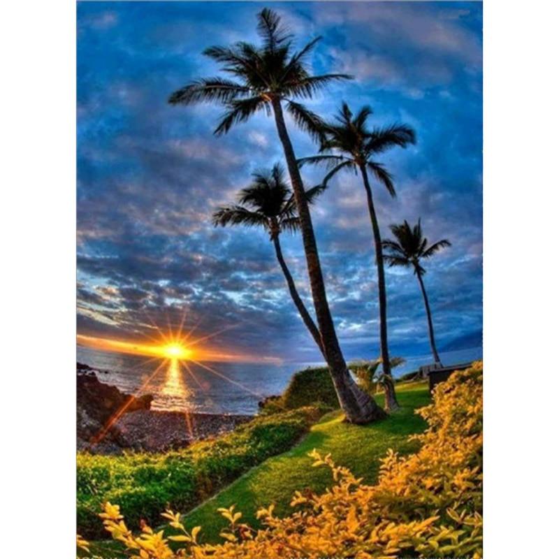 5D DIY Flower Diamond Painting Scenery Sea Sunset Diamond Embroidery Full Round Drill Rhinestone Mosaic Home Decor Gift