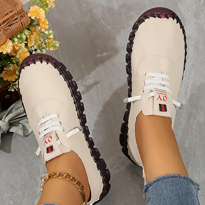 Handmade Women's Casual Sports Shoes, Lightweight and Suitable for All Seasons with Solid Color Lace Up Shoes, Round Toe and Comfortable PU Sole
