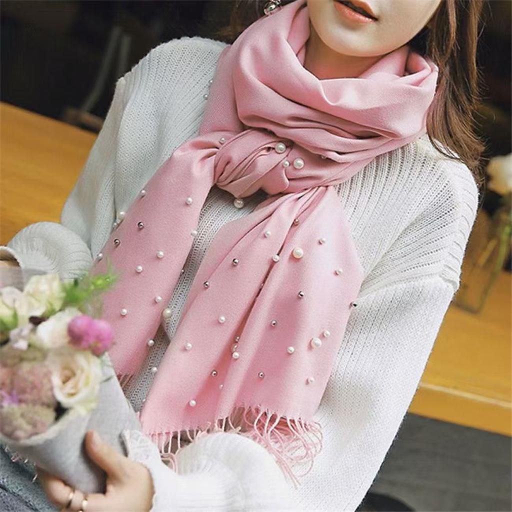 Luxury Pearls Solid Color Cashmere Scarf Women Winter Warm Pashmina Scarves Tassel Casual Bufanda Poncho Lady Wraps Shawls