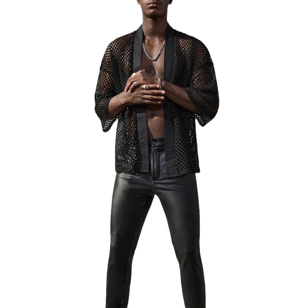 Pánský Sexy síťovaný průsvitný kardiganový šál T-shirt | Evropská & Americká módní performance top