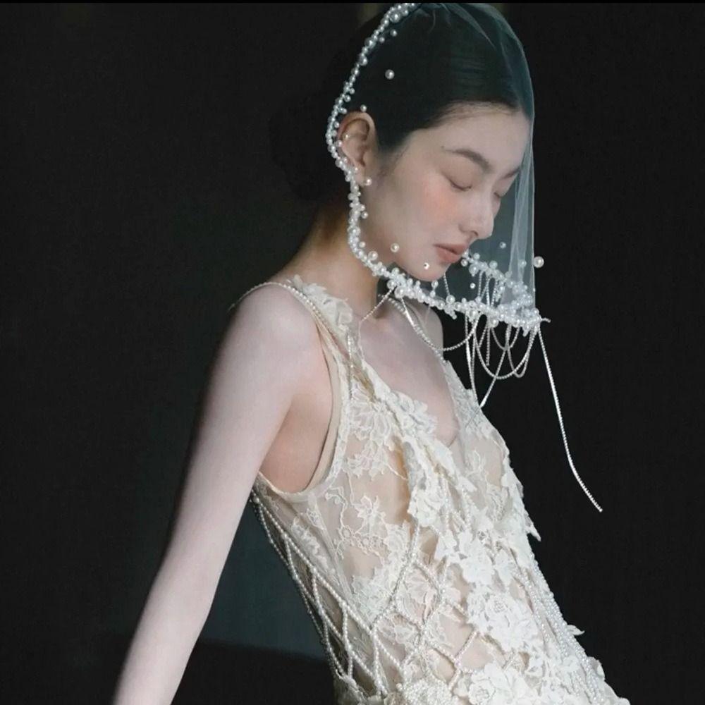 Pearls Beads Brides Veil Short Bride Head Gauze Vintage Wedding Veils  Headwear