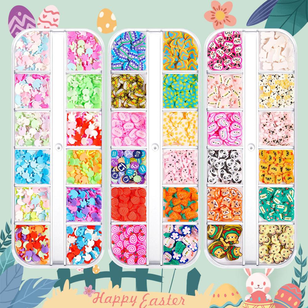 

Huancai, блестящие блестки для дизайна ногтей, 12 сеток/коробка, мягкая керамика для ногтей, пасхальное праздничное украшение для вечеринки, аксессуары для дизайна ногтей из мягкой глины